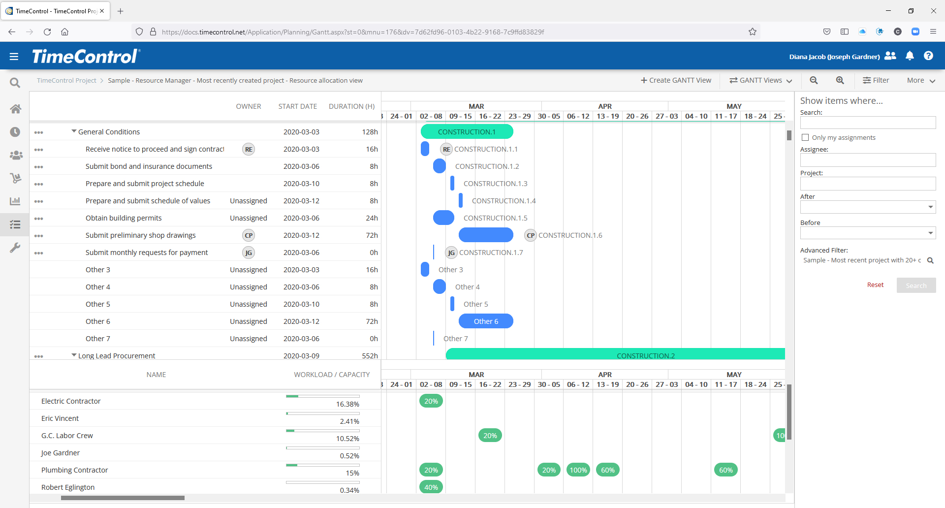 TimeControl Project Schedule View with Resources