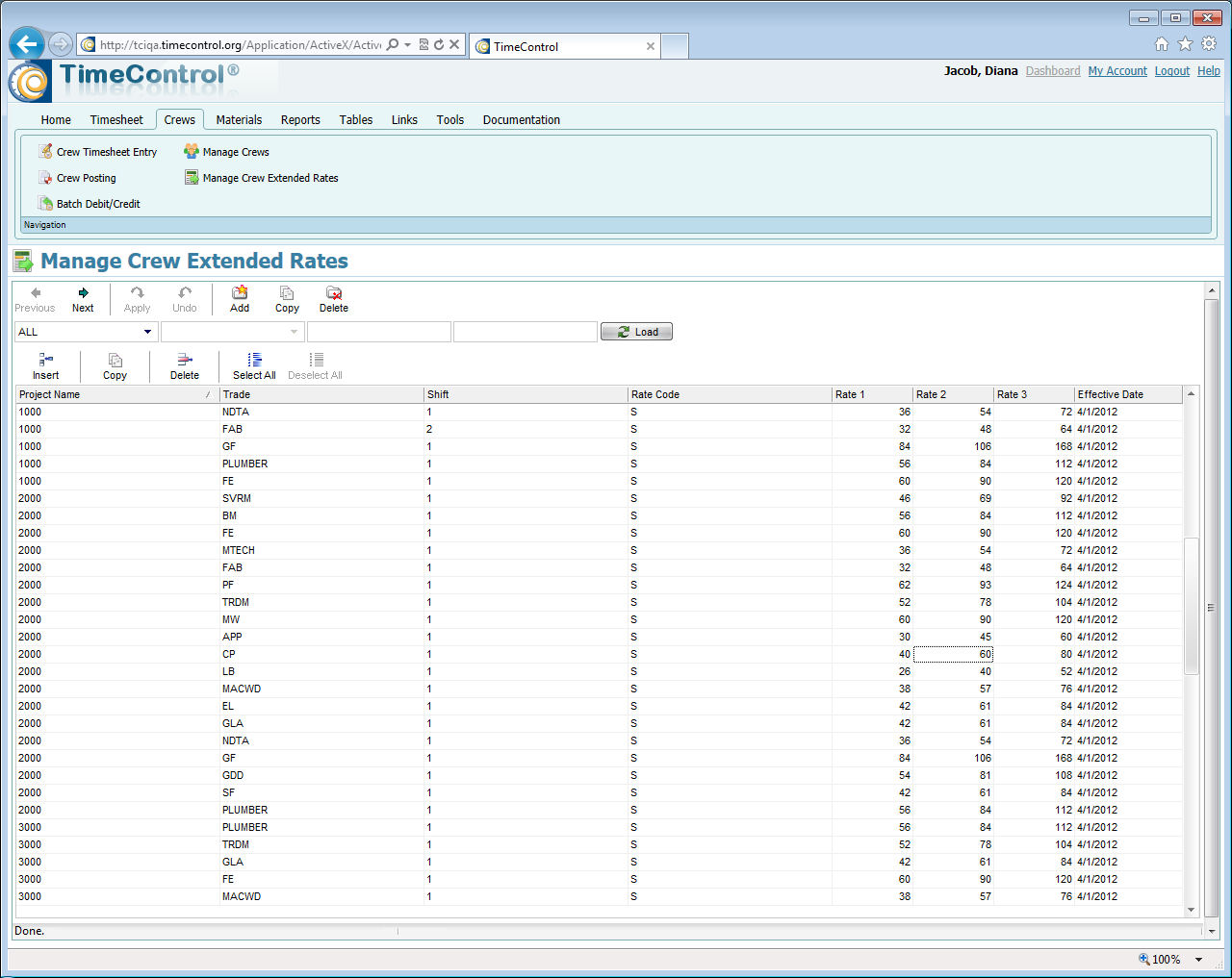 TimeControl Timesheet crew extended rates