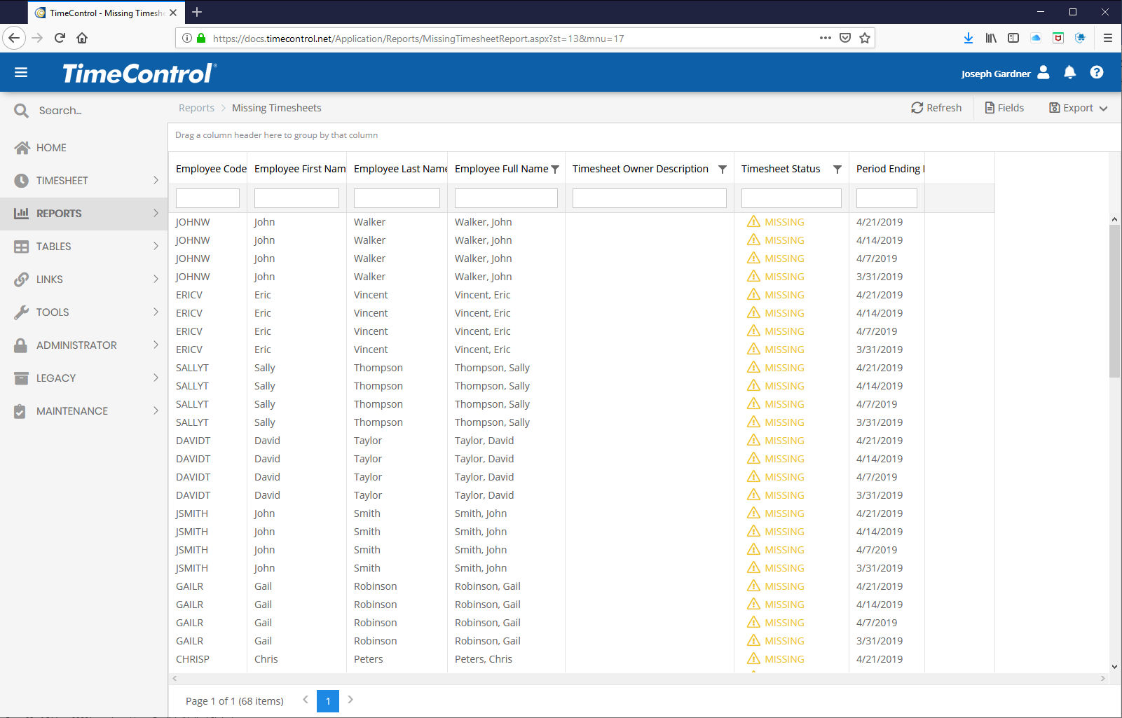 TimeControl's Missing Timesheet Report