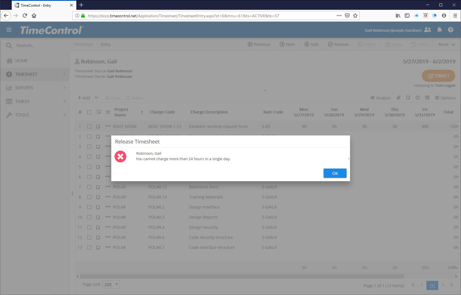 TimeControl Validation Rule Warning