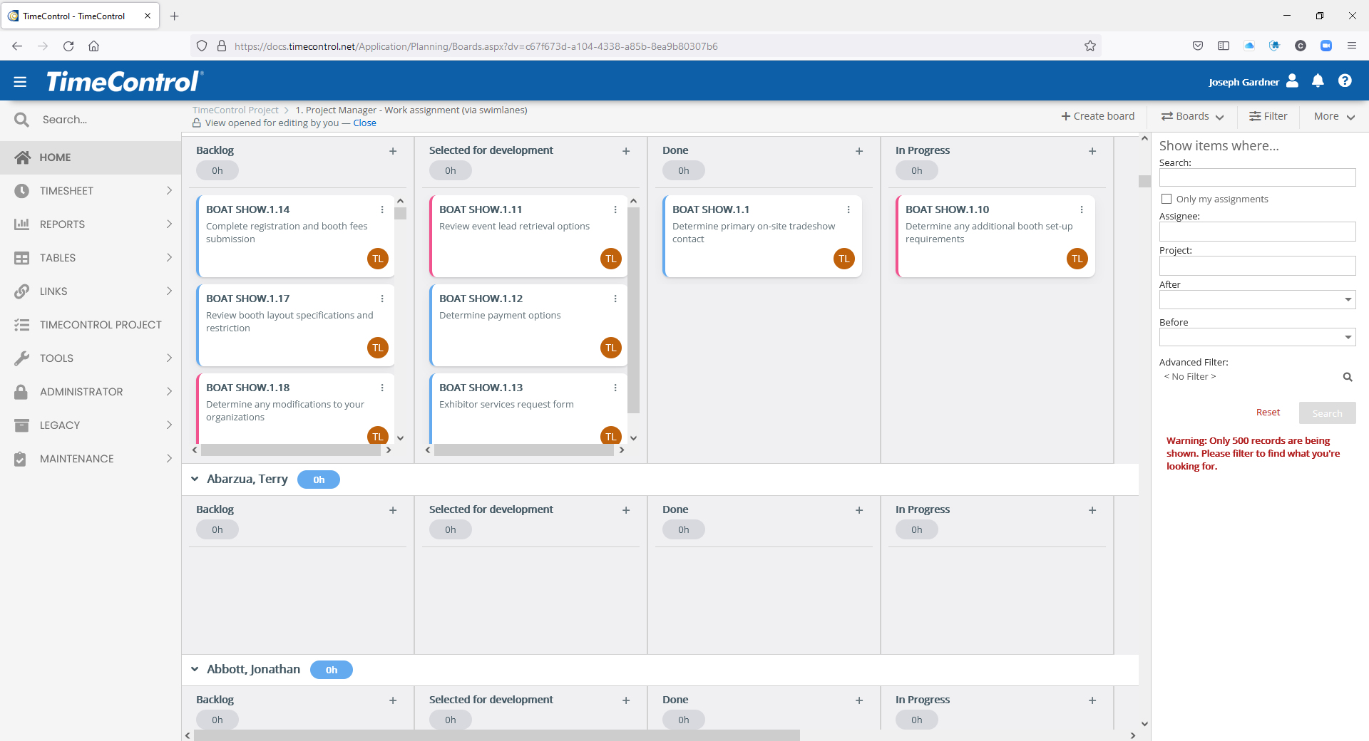 TimeControl Project Boards with Swimlanes